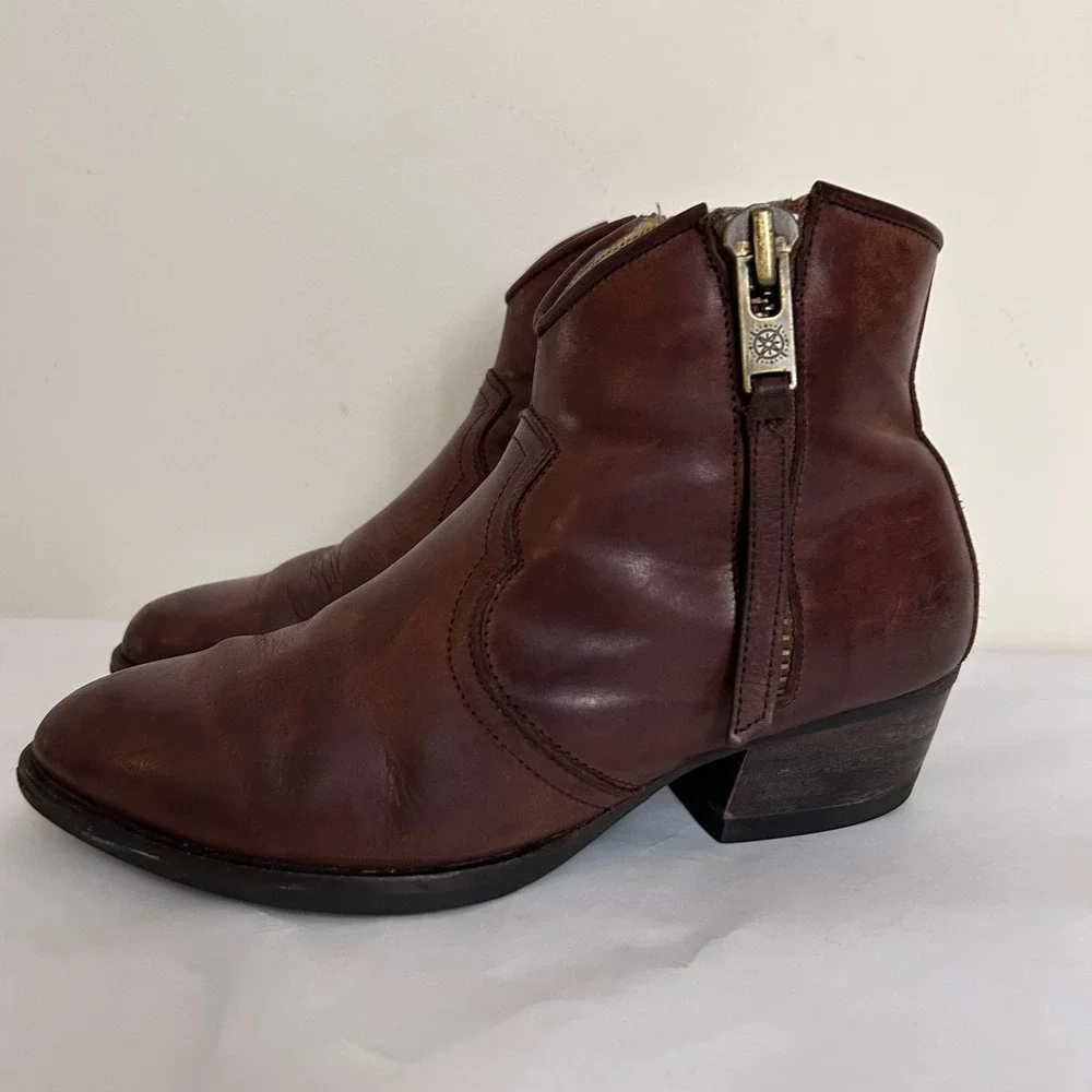 BUSSOLA Brown Leather Ankle Boots Western‎ Style Side Zip Block Heel 38